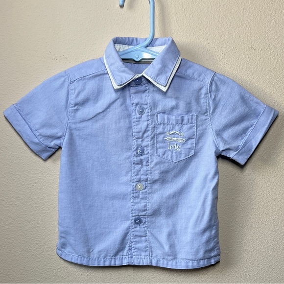 La Compagnie Des Petits Baby Boy Blue Button Up Shirt Double Collar Size 6 Mos - Picture 1 of 11